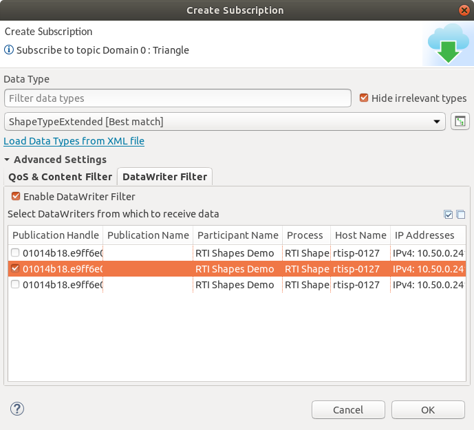 Create Subscription - Advanced Dialog - DataWriter Filter Tab