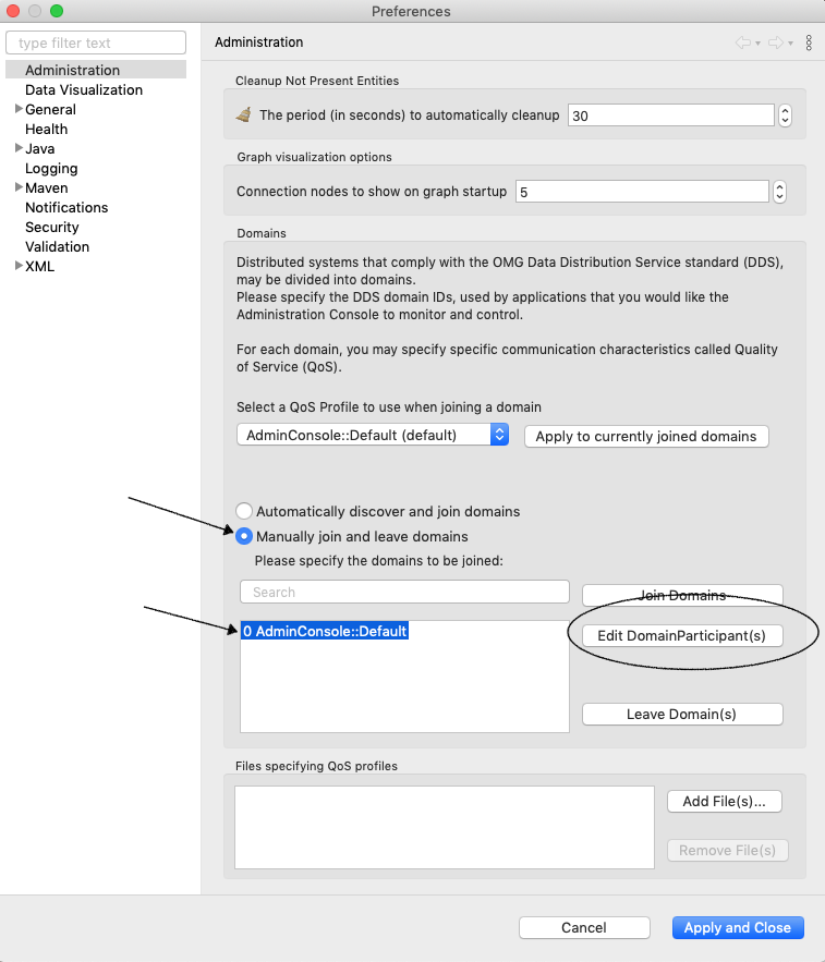 Preferences panel for DomainParticipant partitions