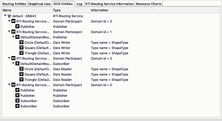 Routing Service DDS Entities tab