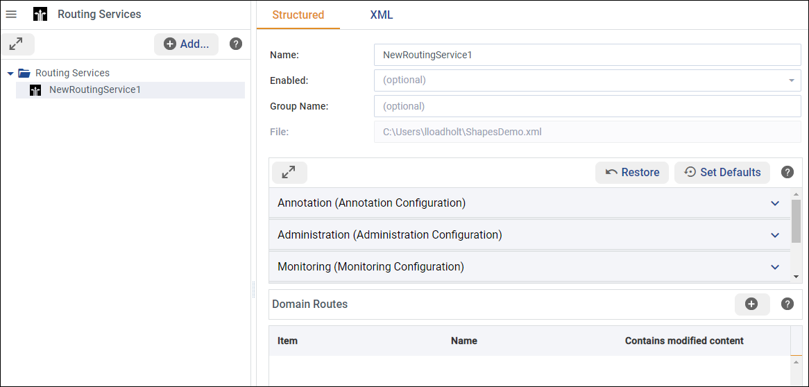 Setting service configuration in the Structured view
