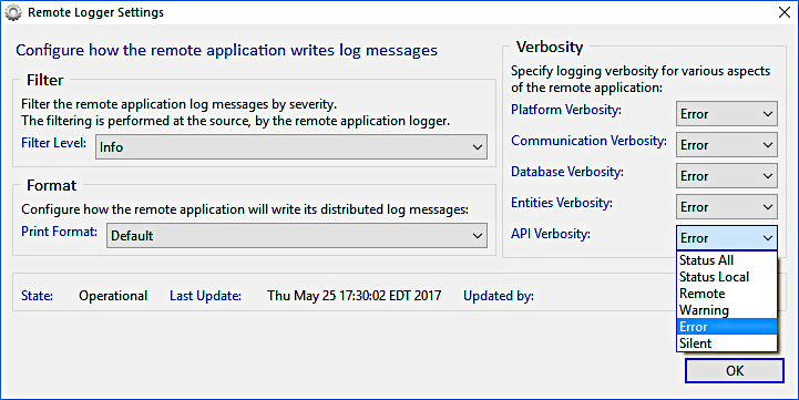 Distributed Log settings dialog