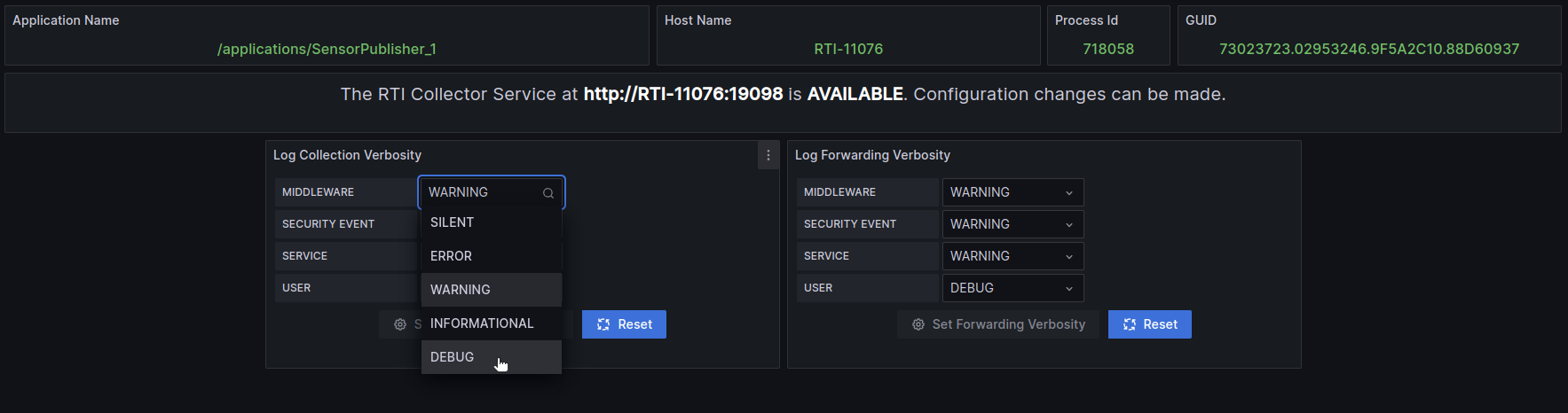 Grafana dashboard log collection dropdown