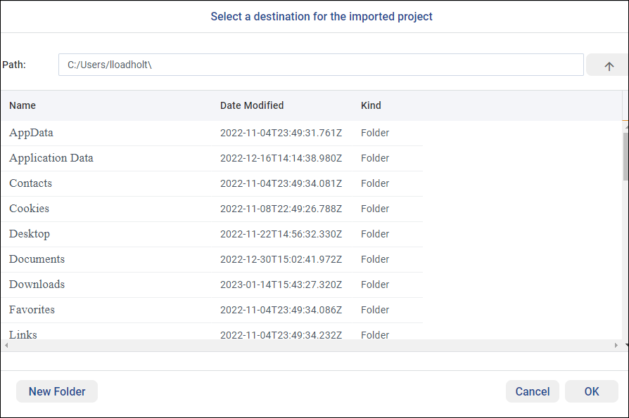 Selecting a destination for the imported project