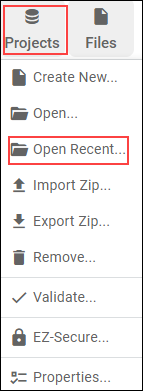 Opening a list of recent projects