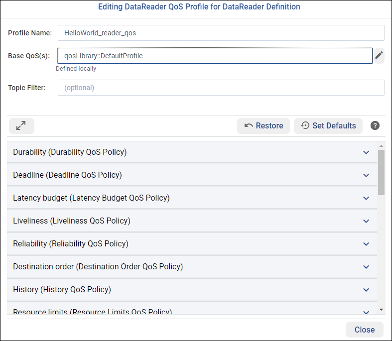 Defining DataReader QoS