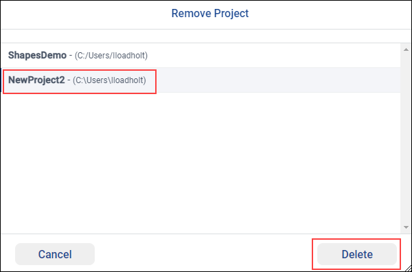Selecting a project to remove from the list of recent projects