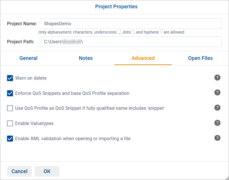 New Project Advanced Dialog
