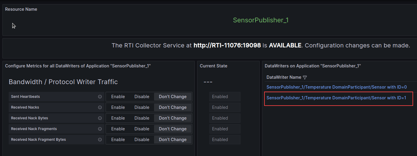Grafana dashboard metric control sensor1