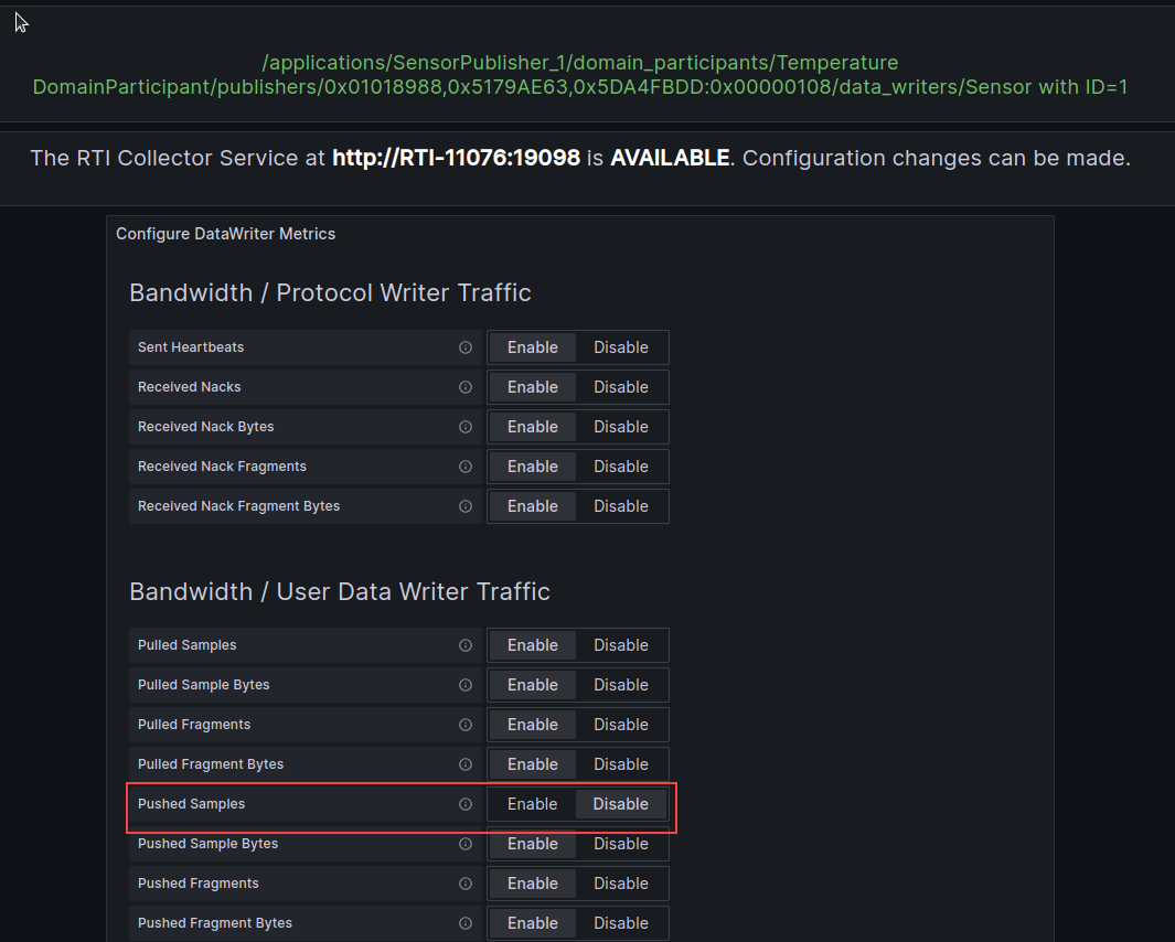 Grafana dashboard metric control sensor1 state