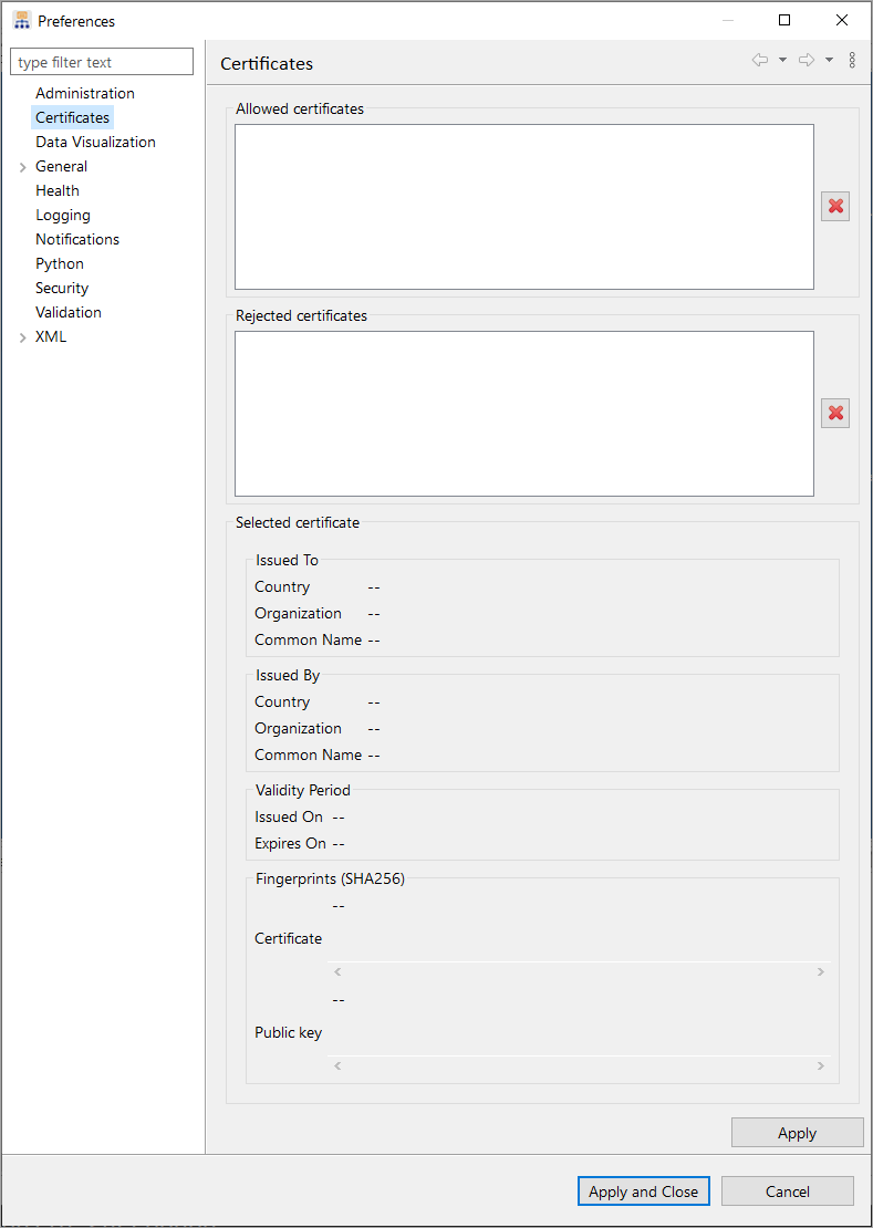 Certificates dialog