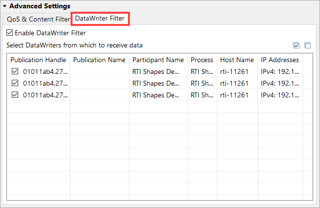 Create Subscription - Advanced Dialog - DataWriter Filter Tab