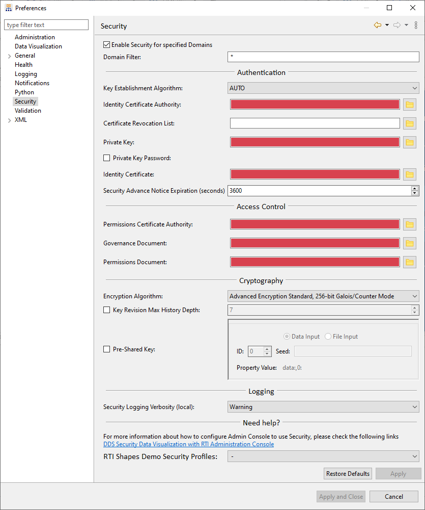 Security preferences