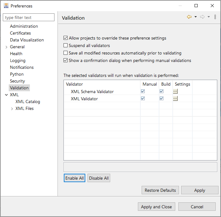 Validation preferences