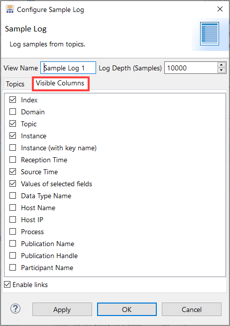 Sample log configure dialog visible columns