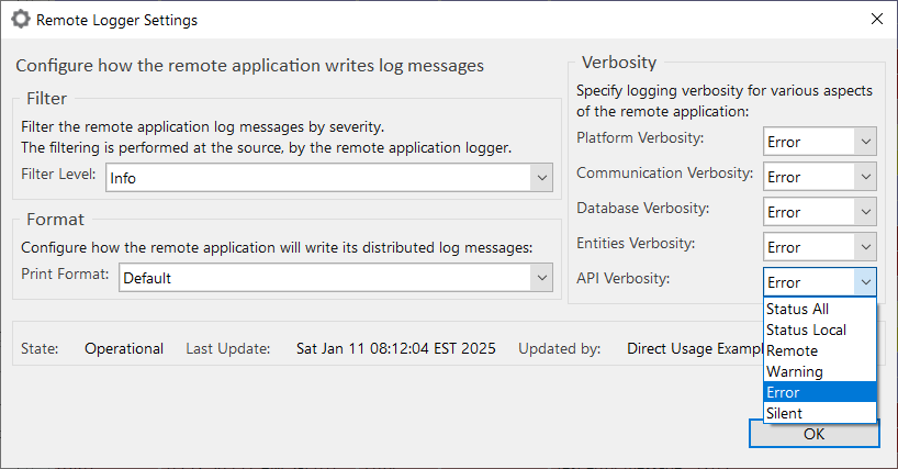 Distributed Log settings dialog