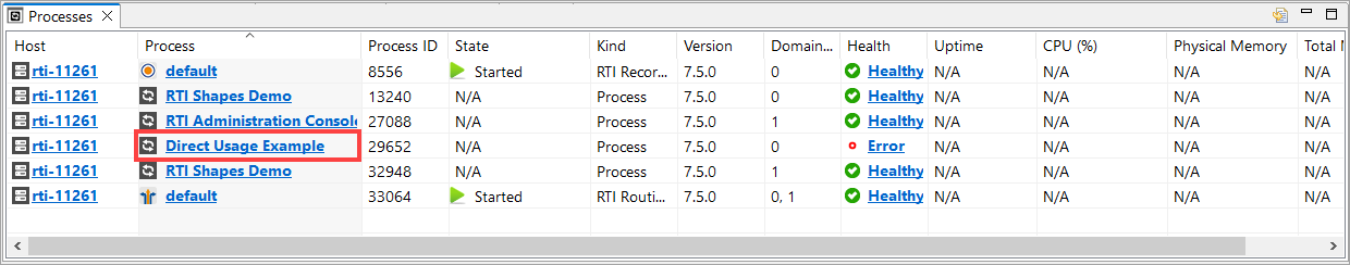 Processes view table