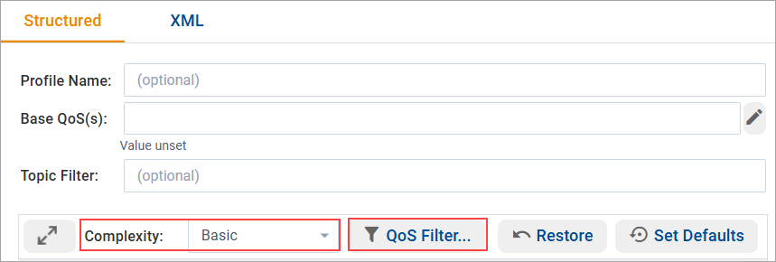 QoS Complexity field and Filter button