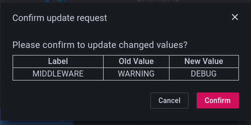 Grafana dashboard log control confirmation dialog