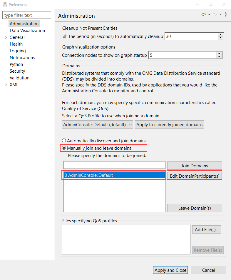 Preferences panel for DomainParticipant partitions