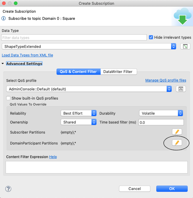 Subscription dialog edit DomainParticipant partitions