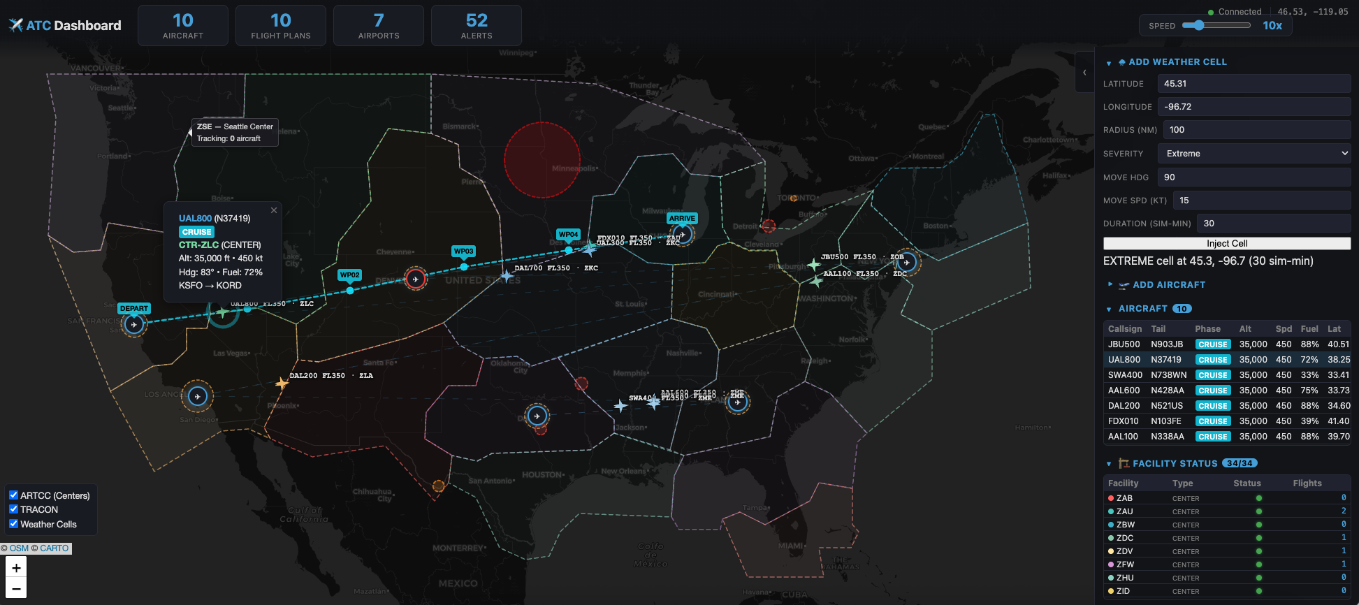 Air-traffic dashboard with aircraft routes, airspace boundaries, weather cells, and facility status across the United States.