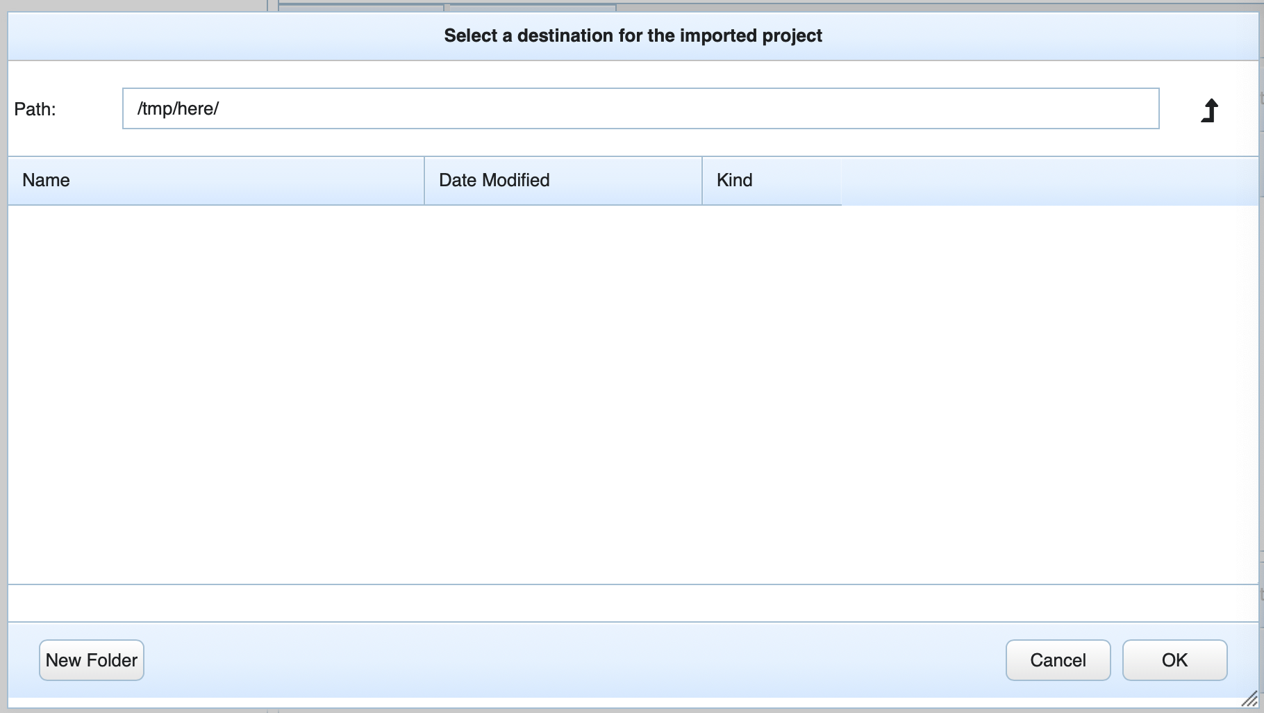 Selecting a destination for the imported project