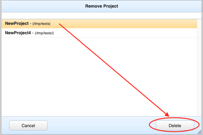 Selecting a project to remove from the list of recent projects