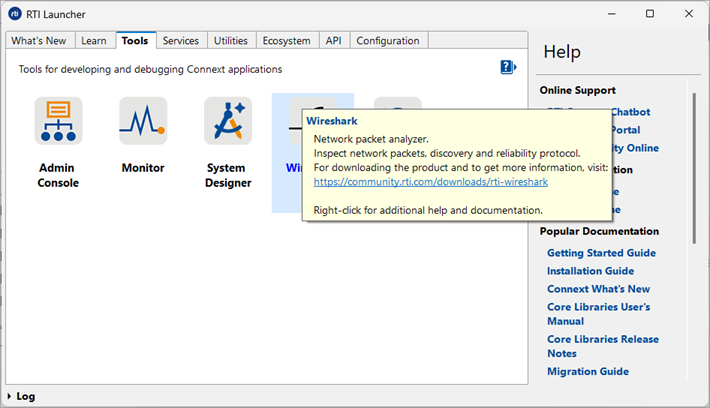 Starting Wireshark from RTI Launcher